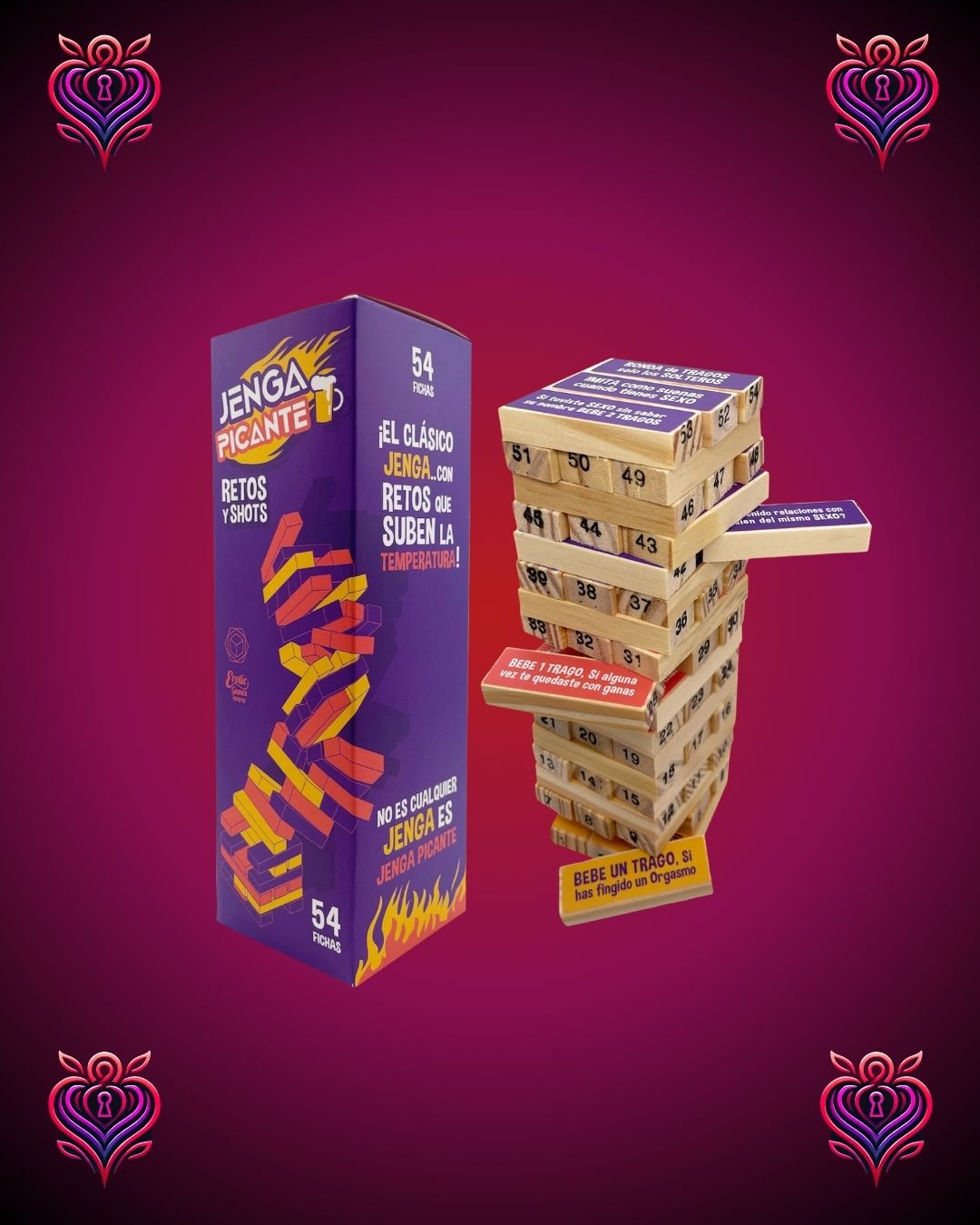 Juego Jenga Picante🌶️Retos y Shots · 54 Bloques